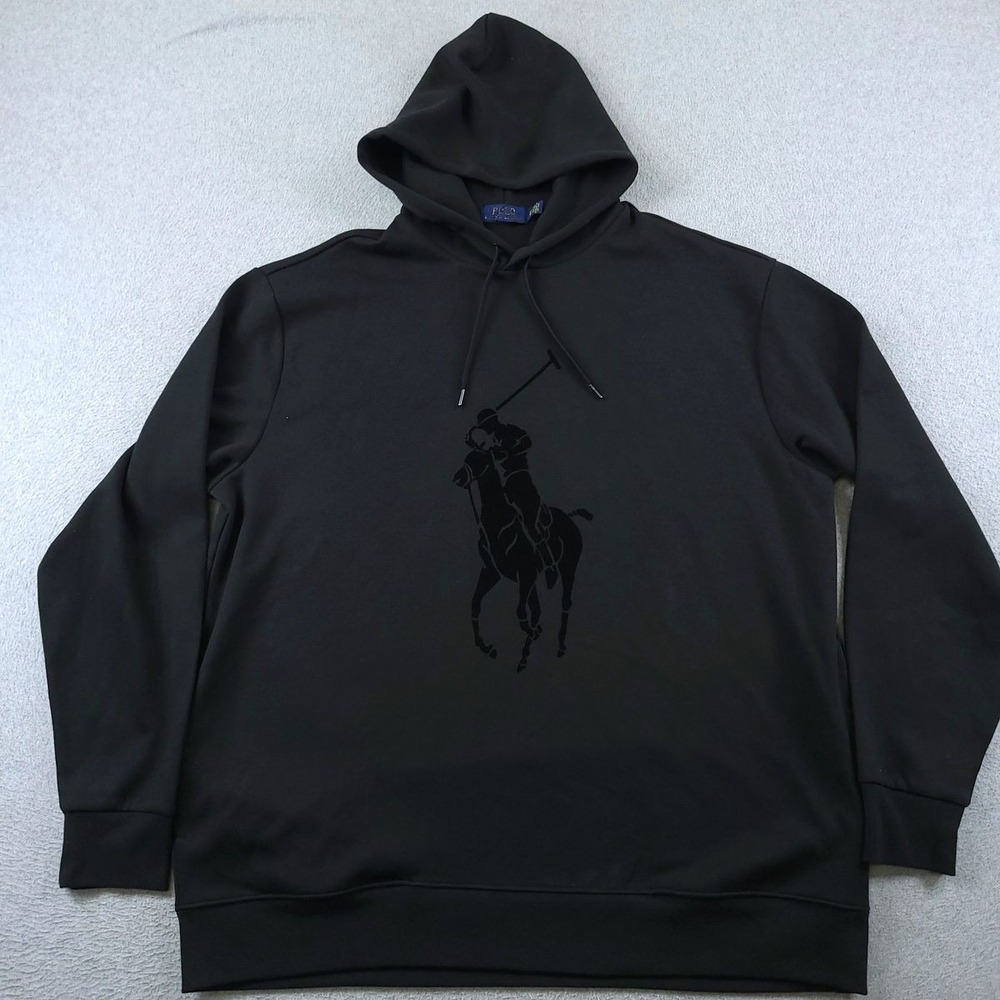 Polo Ralph Lauren Hoodie Mens XL Black Big Pony Flocked Logo Pullover Sweatshirt